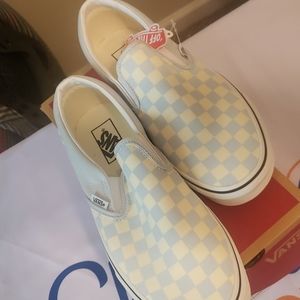 Vans, size 8 men or 9.5 women, light blue and white